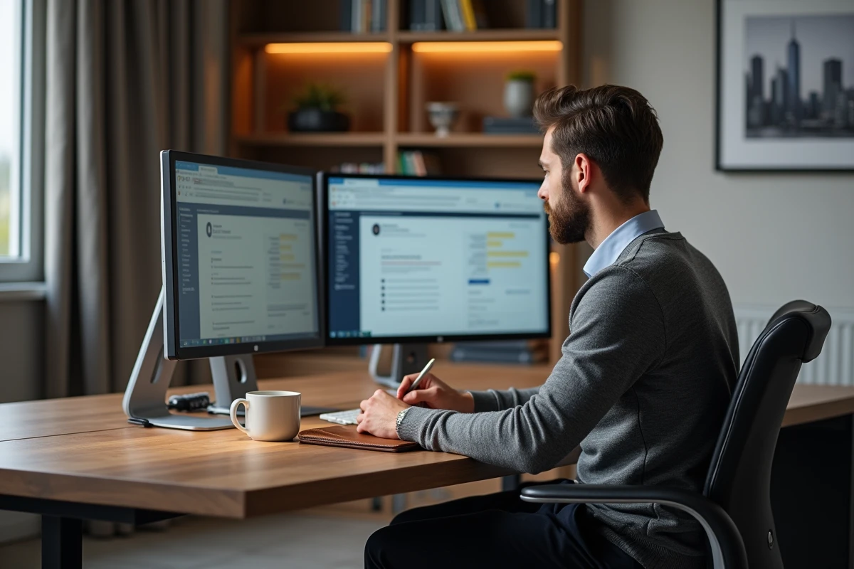 Entrepreneur consultant utilisant une plateforme de networking B2B en ligne depuis son bureau, symbolisant la prospection commerciale digitale via Mon-Cercle-B2B.fr