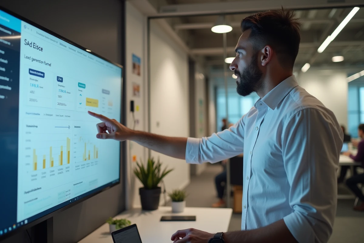 Entrepreneur PME présentant des métriques de génération de leads IA sur écran mural lors d'une réunion d'équipe dans un bureau moderne