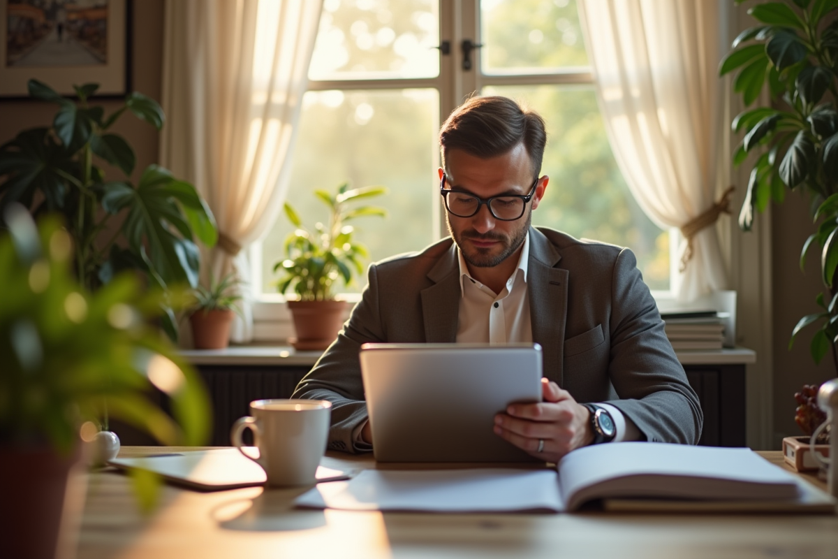 Entrepreneur confiant utilisant une tablette dans un espace de travail