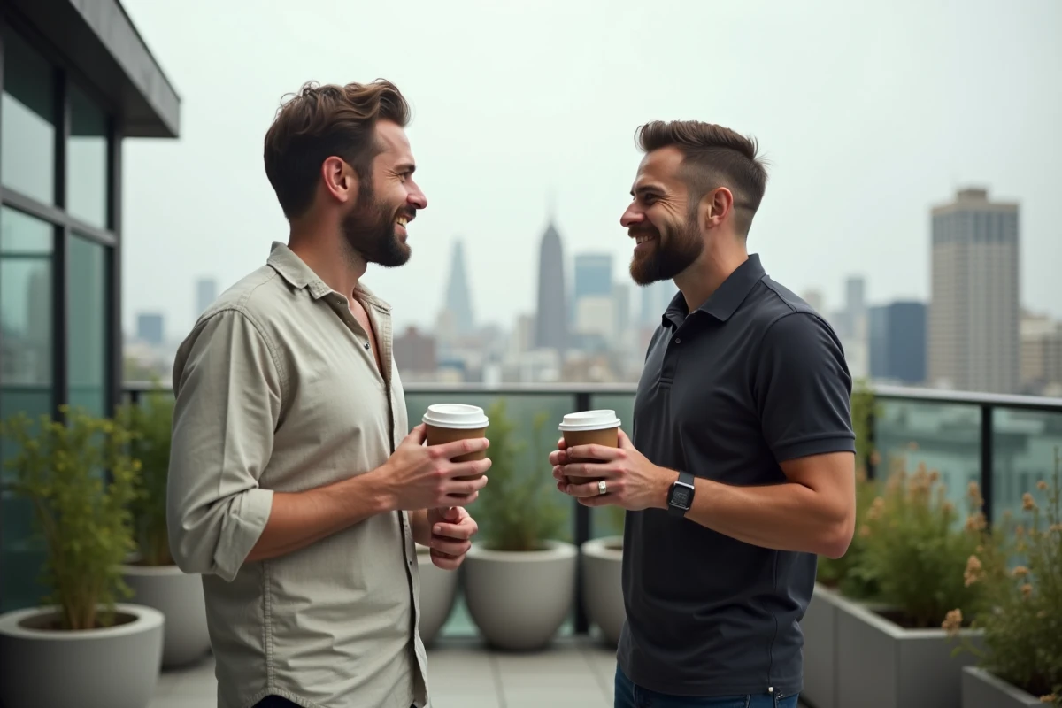 Deux entrepreneurs en discussion informelle sur la terrasse d'un incubateur d'entreprises dans un cadre urbain