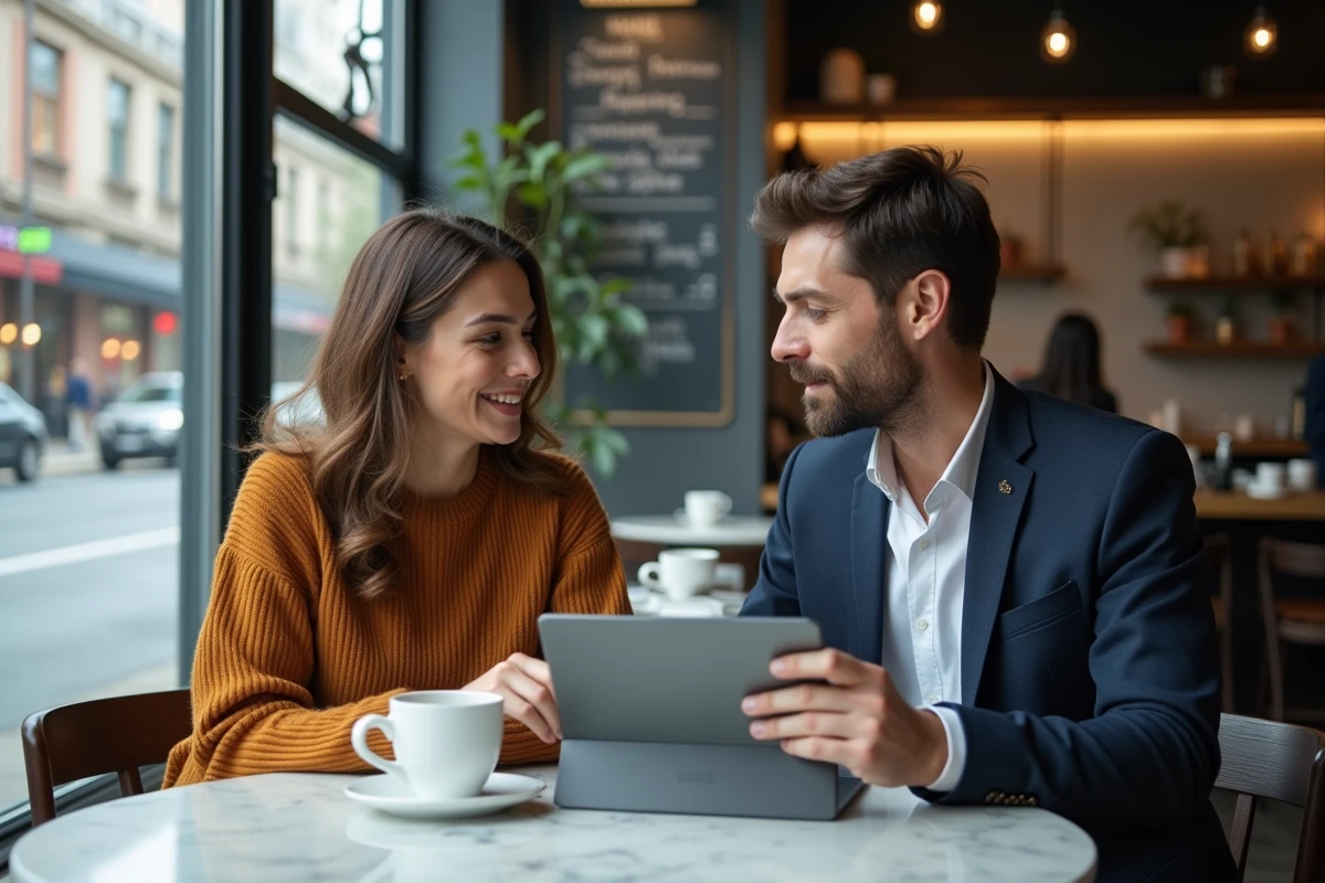 Deux entrepreneurs discutant d'une stratégie de création d'entreprise autour d'une tablette dans un café moderne grâce à partenaire-entreprise.com