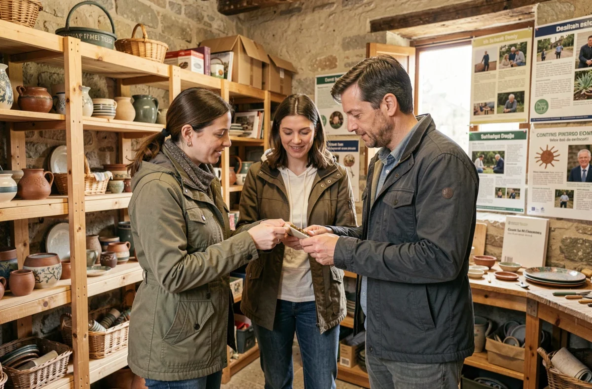 Membres d'une entreprise de l'économie sociale et solidaire en Midi-Pyrénées présentant leurs productions artisanales locales dans un atelier communautaire