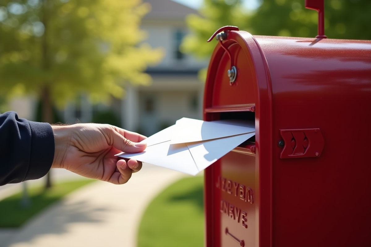 Main déposant une enveloppe timbrée dans une boîte aux lettres rouge