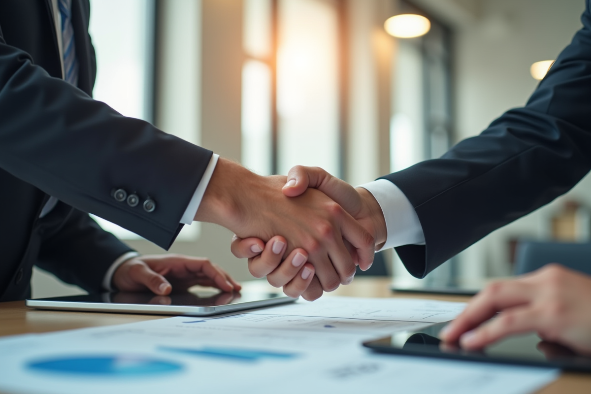 Deux professionnels se serrant la main dans un bureau moderne