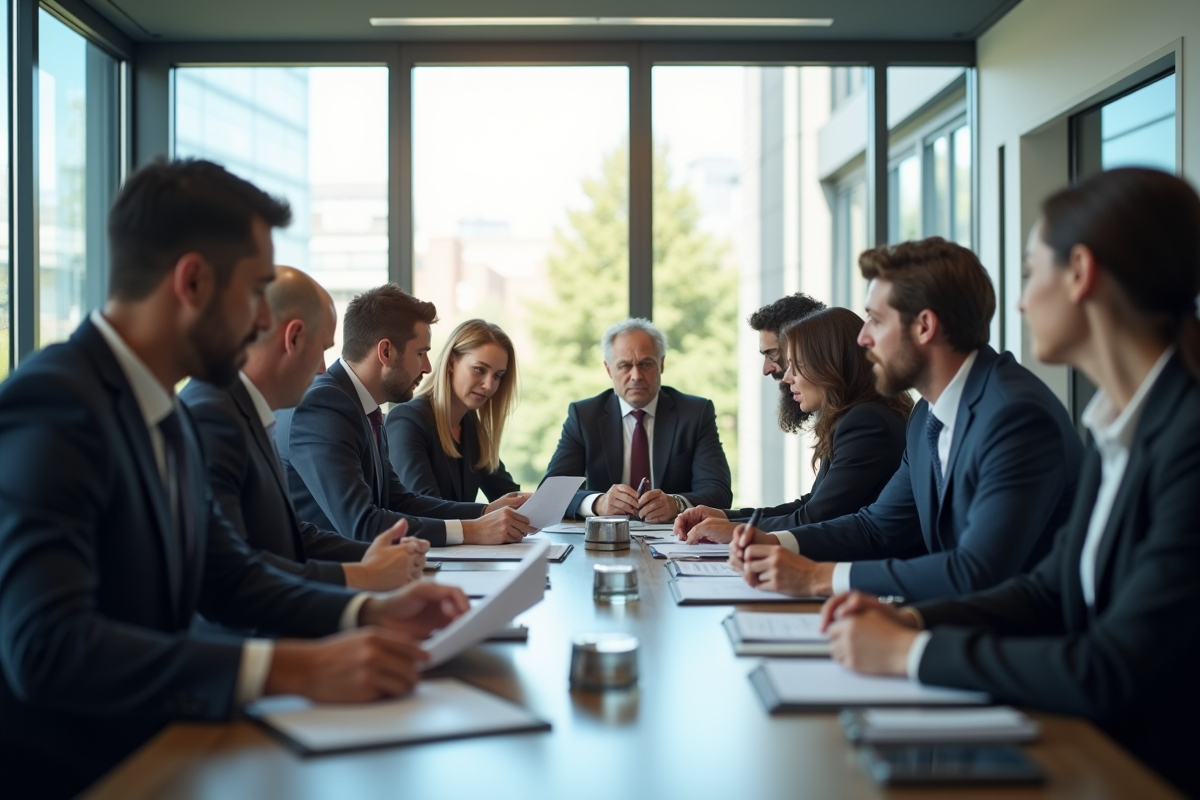 Groupe de professionnels d'affaires en réunion de conformité