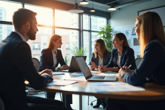 Groupe de professionnels en réunion dans un bureau moderne