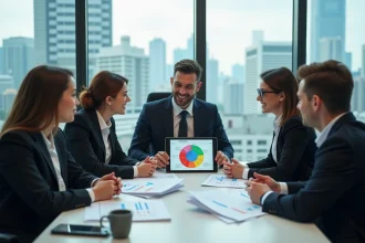 Groupe de professionnels en réunion avec ville en arrière-plan