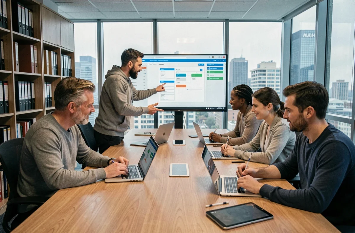 Équipe agile en réunion autour d'un outil de gestion de projet collaboratif de type opraz dans une salle de conférence moderne