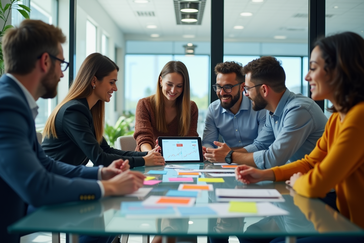 Equipe diverse en brainstorming avec notes colorées et tablette