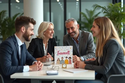 Groupe de coll&egrave;gues souriants autour d'une carte d'adieu dans un bureau moderne