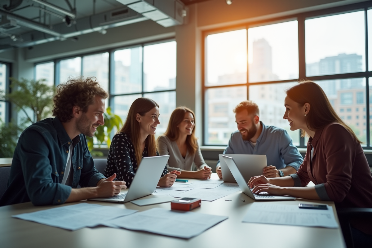 Groupe de professionnels collaborant dans un bureau lumineux