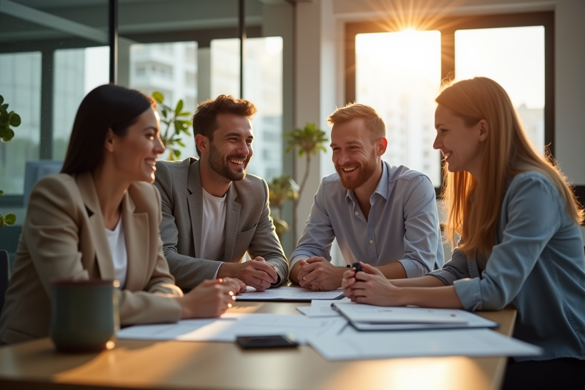Groupe de collègues souriants dans un bureau moderne