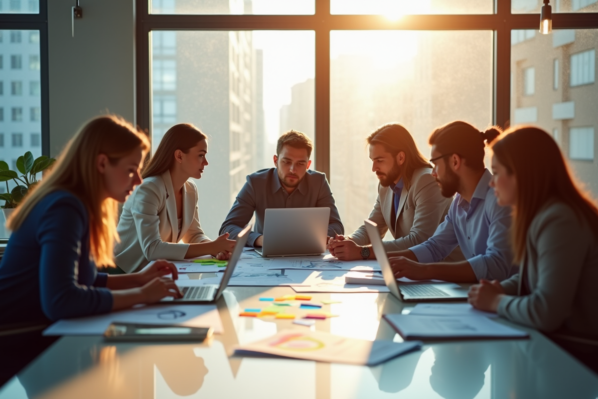 Groupe de professionnels collaborant autour d'un tableau blanc avec graphiques