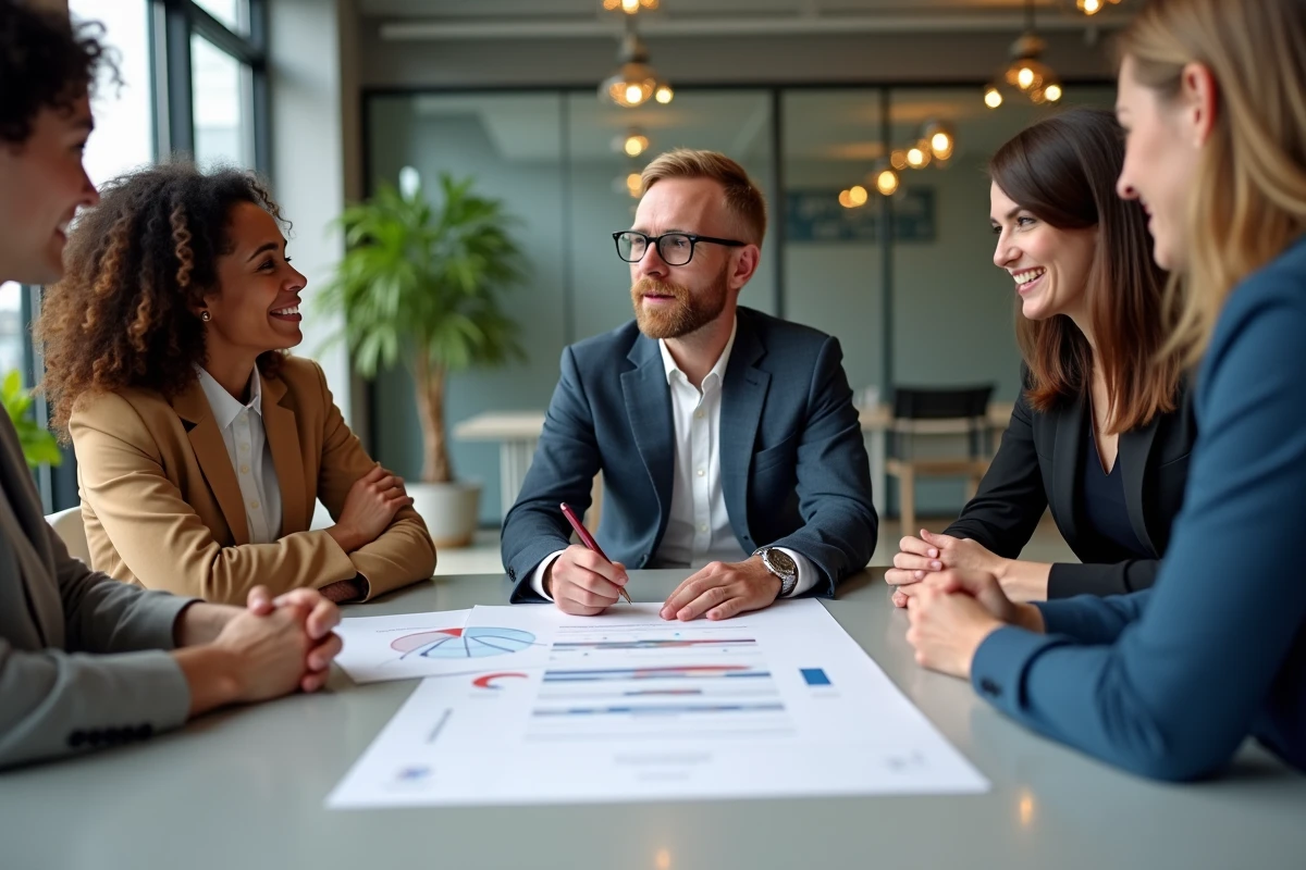 Groupe de professionnels discute autour d un tableau avec graphique