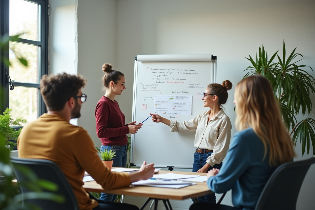 Equipe discutant autour d un tableau blanc avec diagrammes