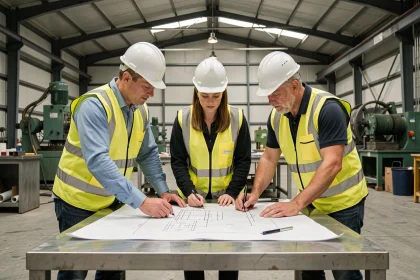 Équipe d'ingénieurs en gilets de sécurité examinant des plans techniques dans un entrepôt industriel, illustration des métiers et services d'une entreprise spécialisée comme EROM