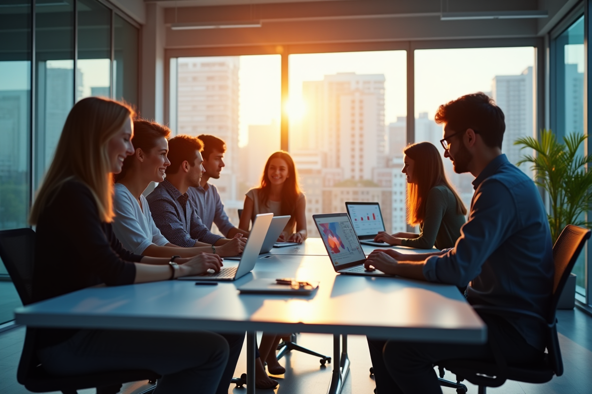 Groupe de professionnels en réunion dans un bureau moderne