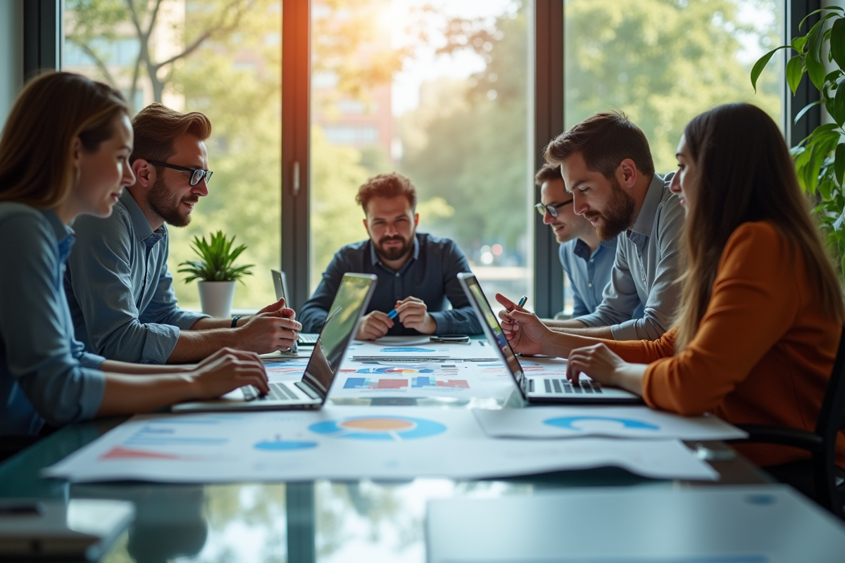 Équipe marketing analysant des données digitales dans un bureau lumineux