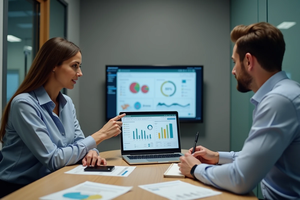 Deux responsables de PME collaborant sur un outil d'automatisation marketing IA pour optimiser la génération de leads avec un budget maîtrisé
