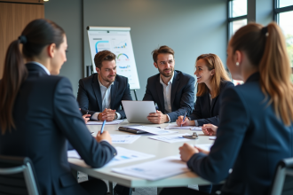Groupe de professionnels en réunion de gestion de la supply chain
