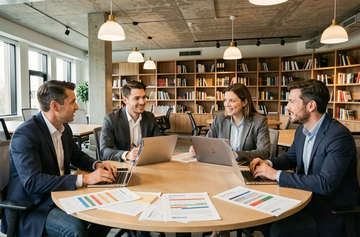 Équipe de consultants en réunion stratégique travaillant ensemble sur une matrice McKinsey imprimée