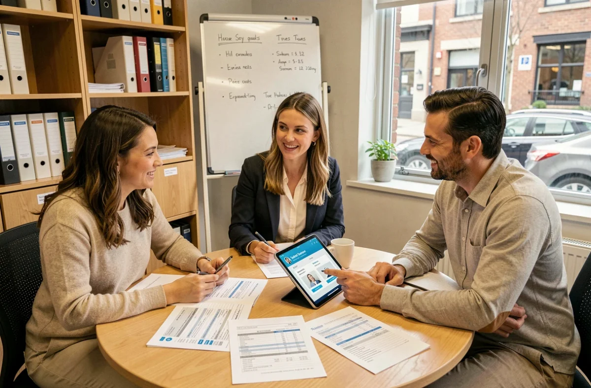 Équipe RH réunie autour d'une table pour analyser des rapports de paie et un portail salarié sur tablette