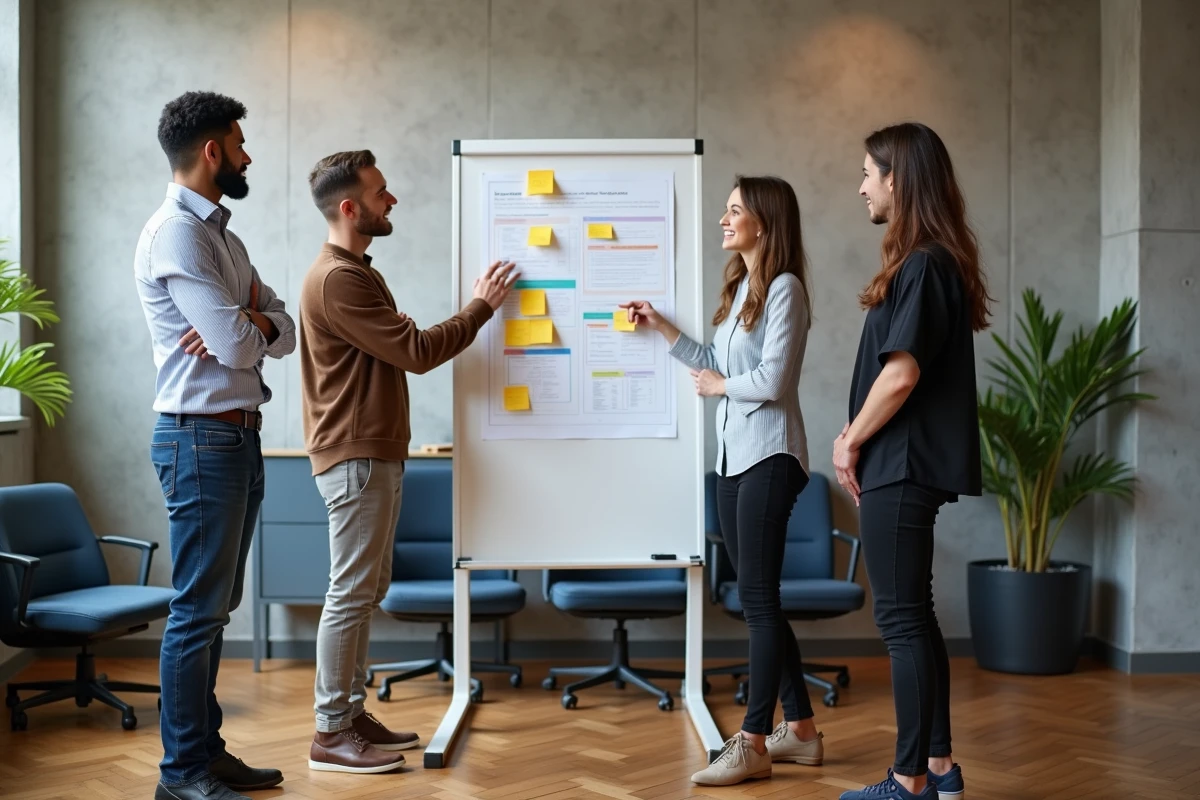 Équipe RH collaborant sur une stratégie de valeur ajoutée pour la politique de gestion des talents en salle de réunion