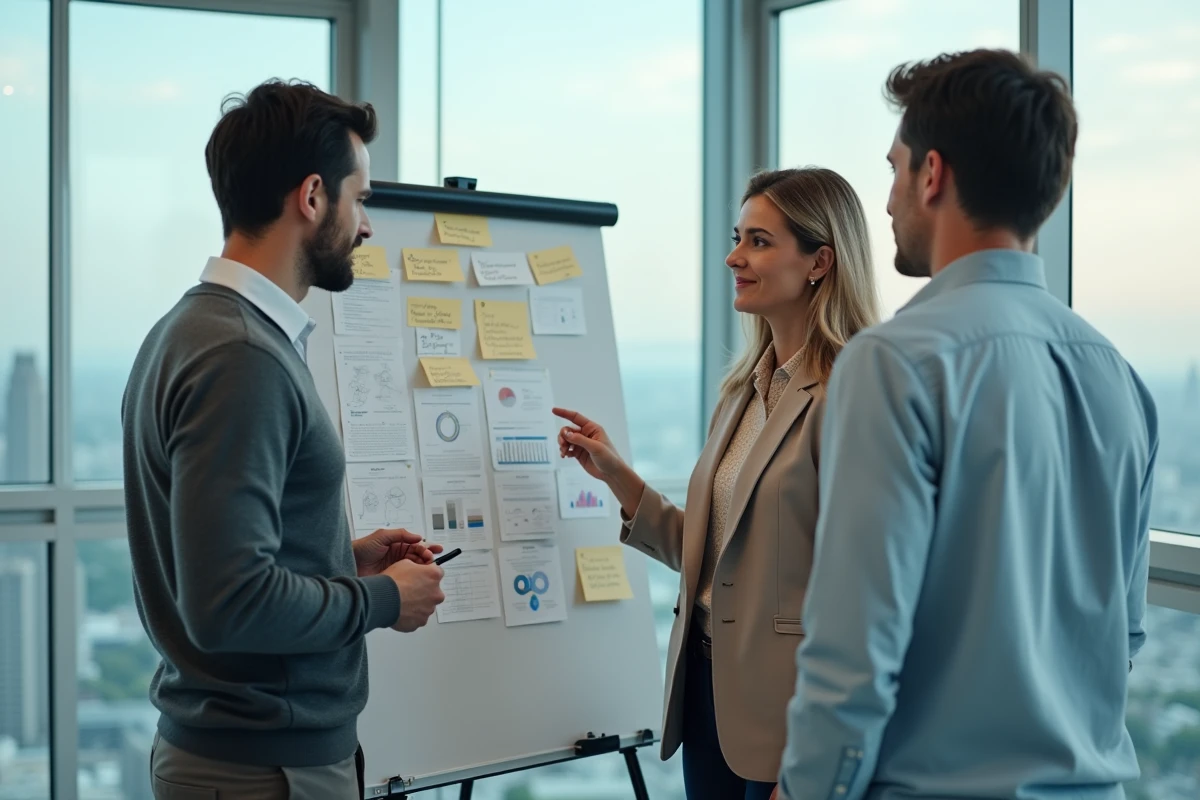 Équipe pluridisciplinaire collaborant autour d'un tableau de stratégie data et BI en salle de réunion