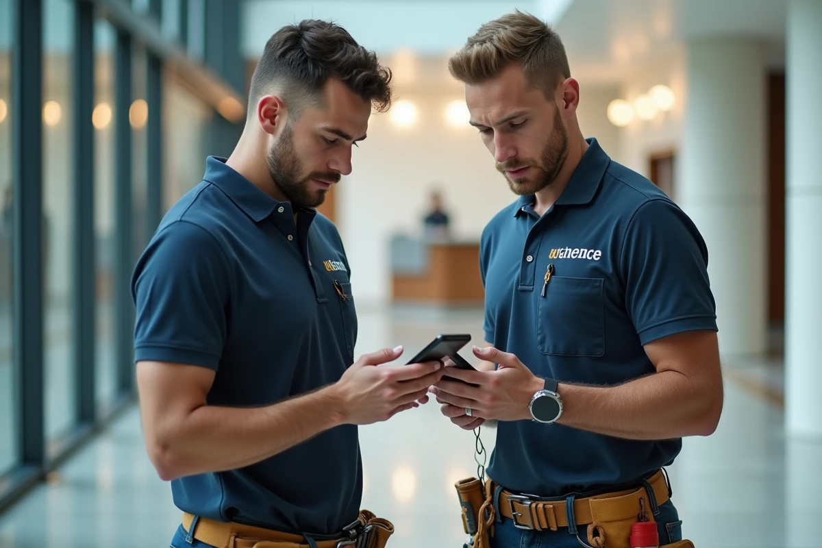 Deux techniciens de maintenance consultant ensemble l'application Twimm pour coordonner et optimiser leurs tournées d'intervention dans un bâtiment tertiaire