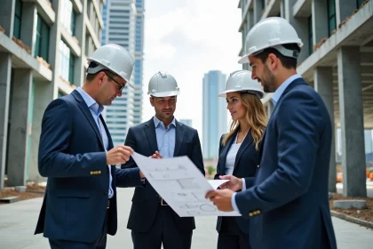 Groupe d'ing&eacute;nieurs en discussion sur un chantier Miami