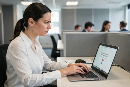 Femme frustrée face à une erreur de connexion sur son ordinateur portable au bureau