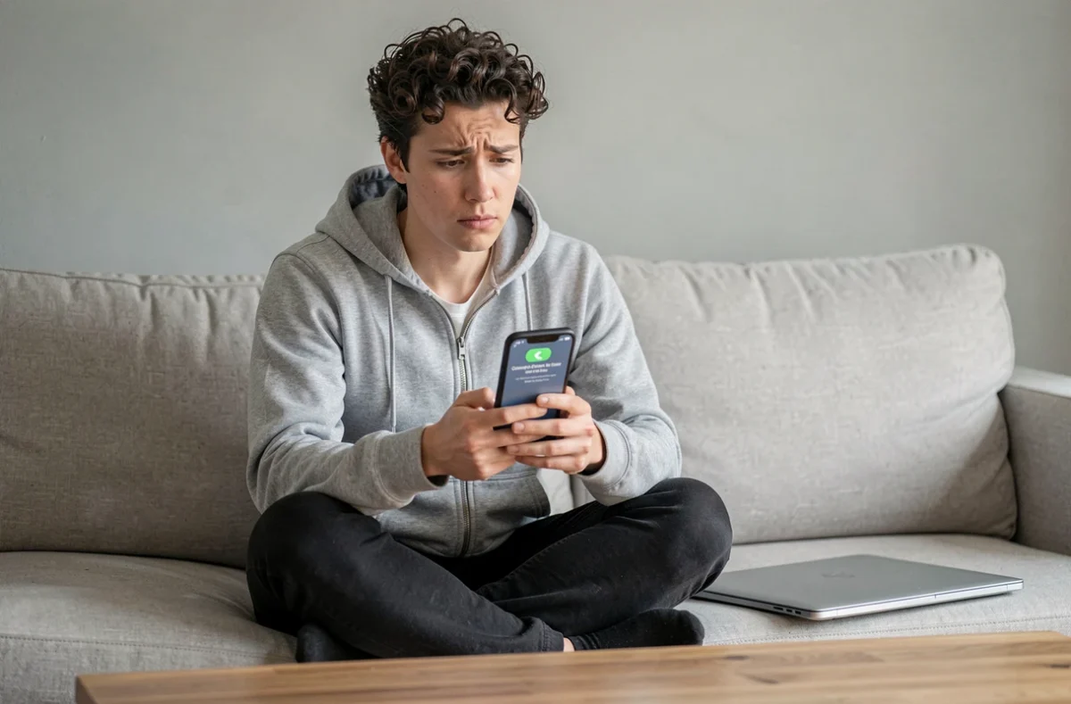 Jeune personne perplexe face à un message d'erreur de connexion sur son smartphone dans son salon