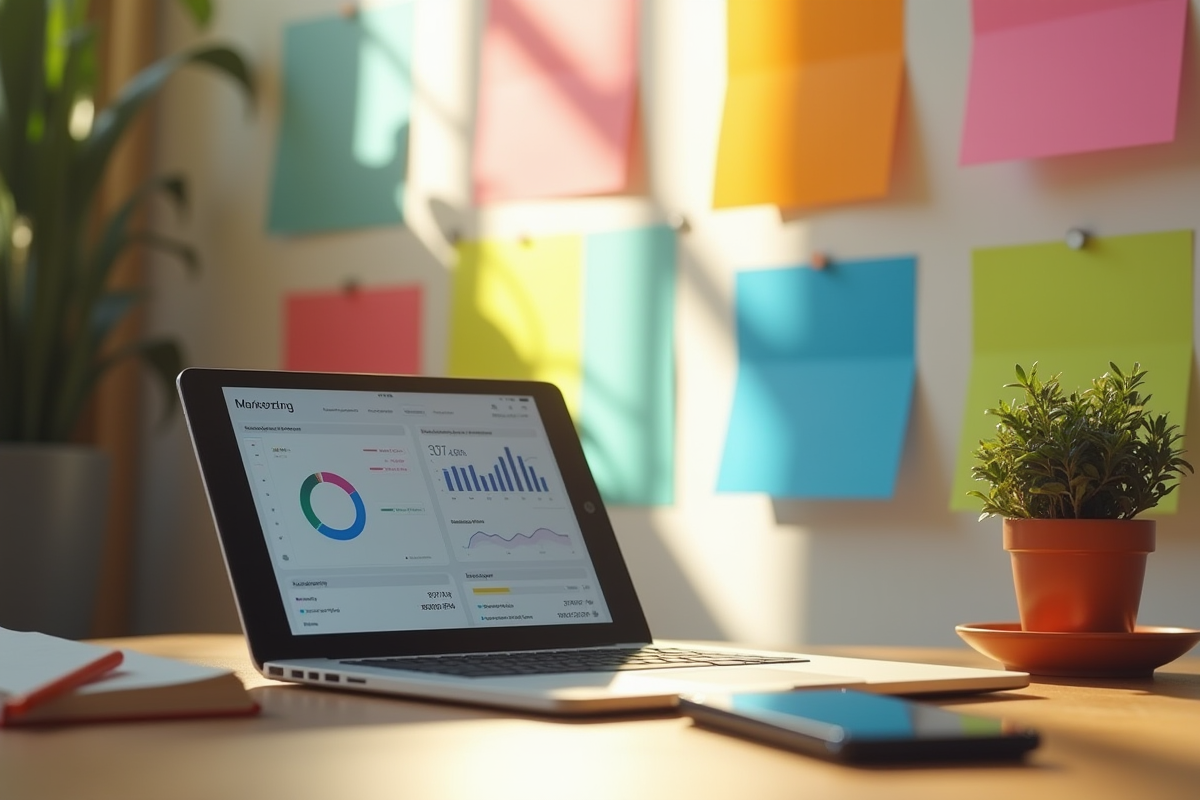 Espace créatif avec matériaux marketing et analytics sur tablette