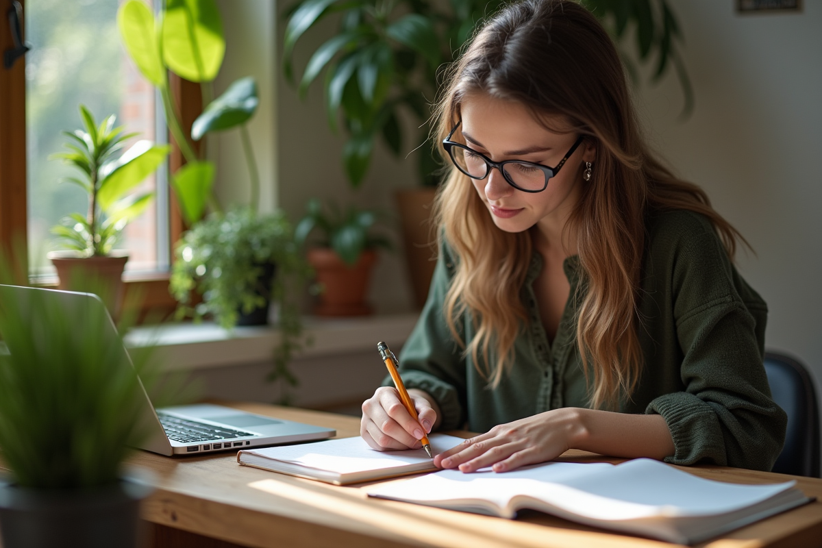 Personne concentrée écrivant une liste dans un journal à la maison