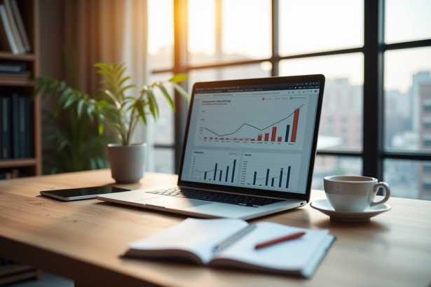 Espace de travail moderne avec ordinateur et graphiques marketing