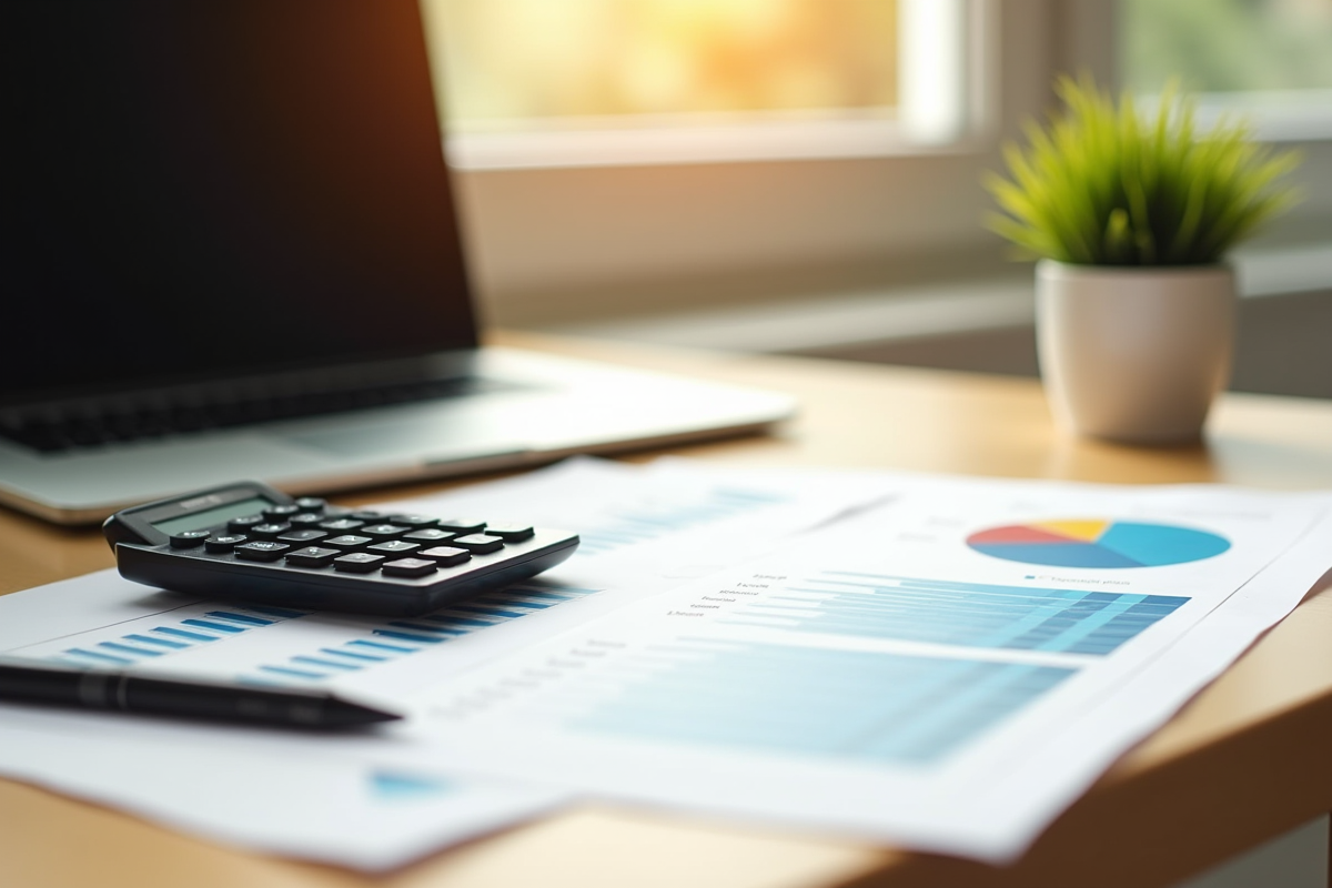 Espace de travail minimaliste avec ordinateur et calculatrice