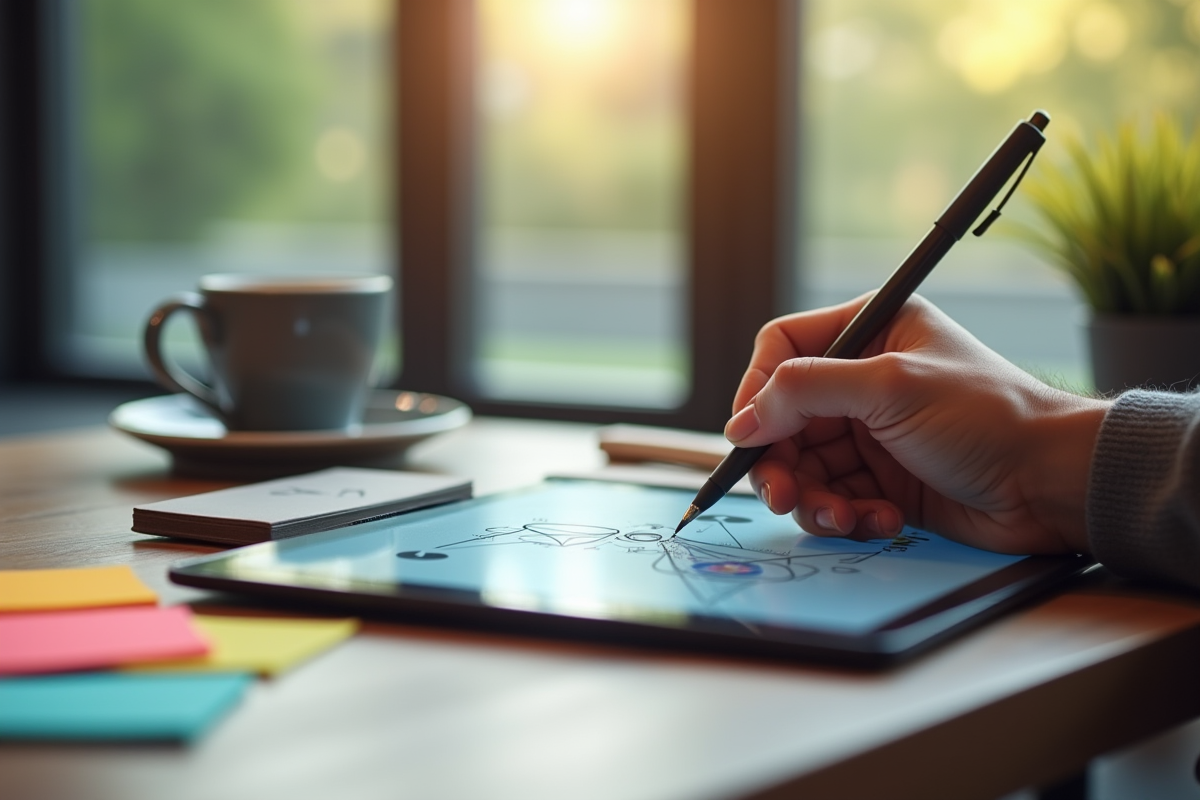 Main dessinant un entonnoir sur une tablette dans un espace de travail stylé