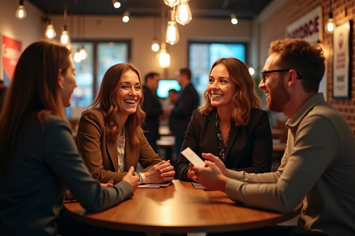 Groupe de professionnels en train d'échanger lors d'un événement de networking B2B, représentant les opportunités commerciales offertes par Mon-Cercle-B2B.fr