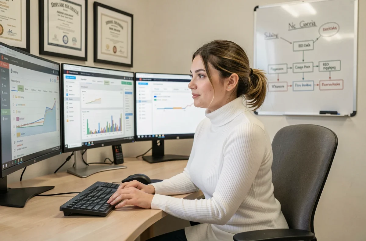 Analyste SEO d'Evo Consulting réalisant une recherche de mots-clés sur trois moniteurs dans un bureau de consulting contemporain à Nice