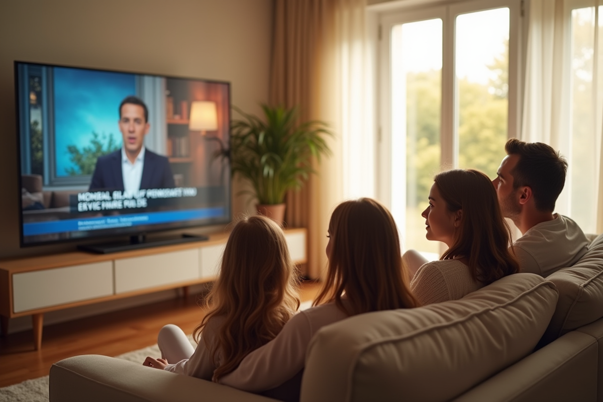 Famille française regardant la télévision dans un salon lumineux