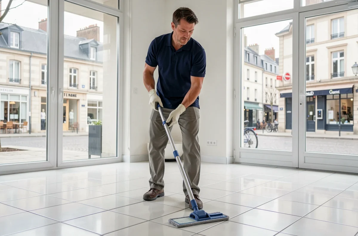 Agent FCMR Propreté effectuant le nettoyage d'un sol carrelé dans un bâtiment commercial normand