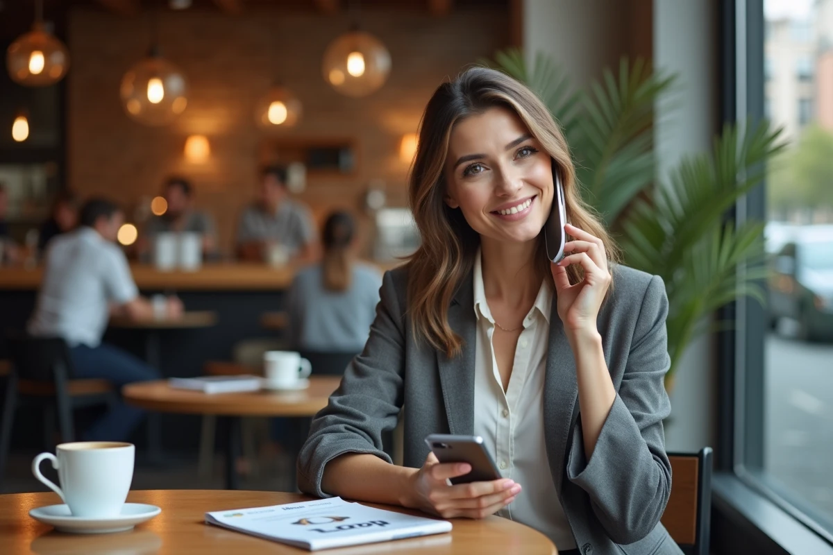Femme entrepreneure assise dans un café avec son ordinateur et brochure