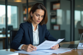Femme d affaires examine des documents officiels dans un bureau moderne