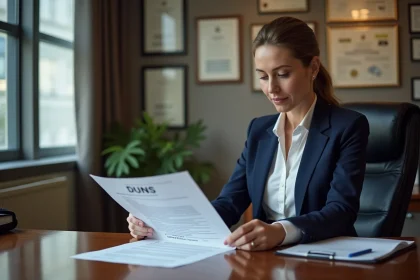 Femme d'affaires examinant un contrat avec DUNS visible