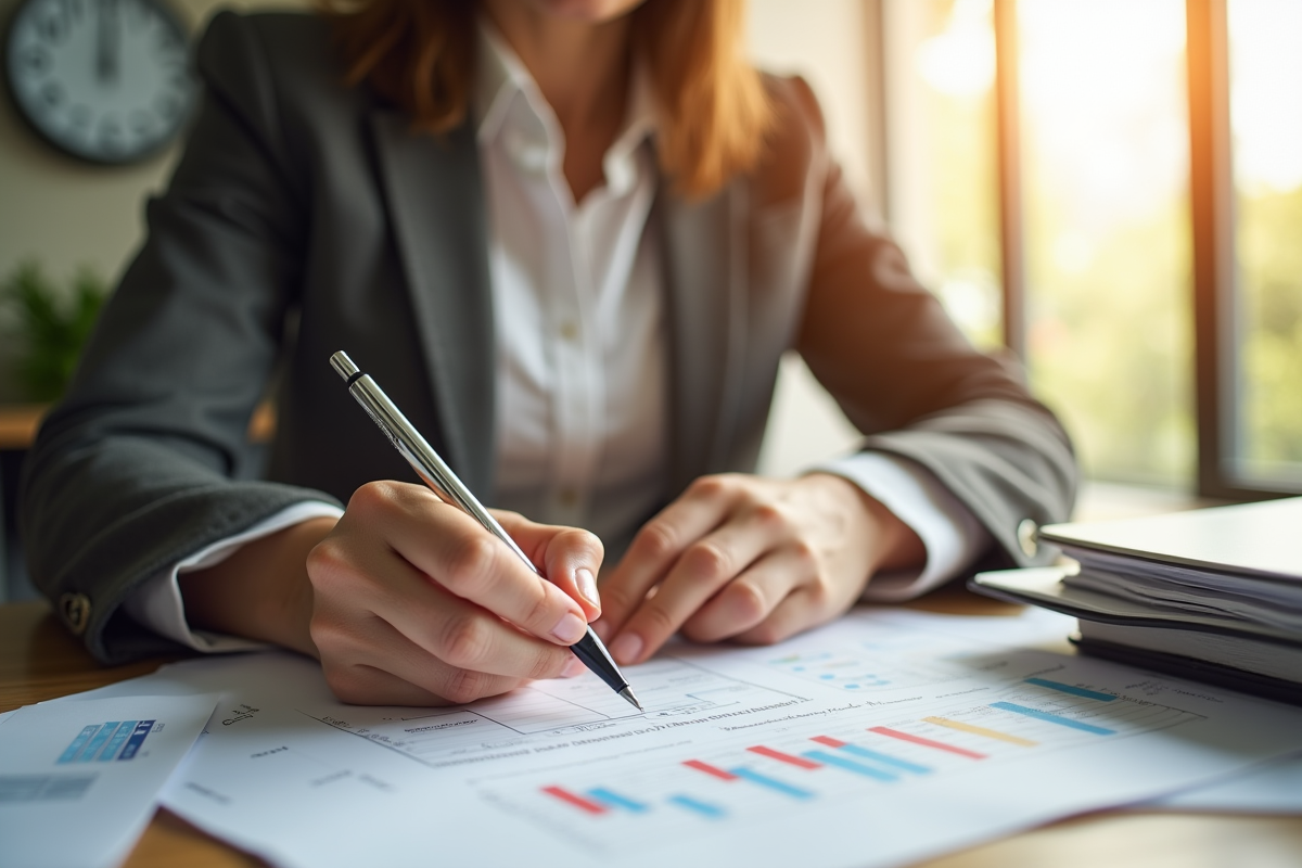 Femme d'affaires au bureau modifiant un planning imprimé
