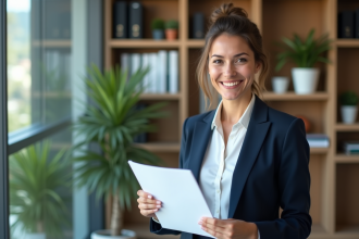 Femme d'affaires souriante avec rapport de ventes en main