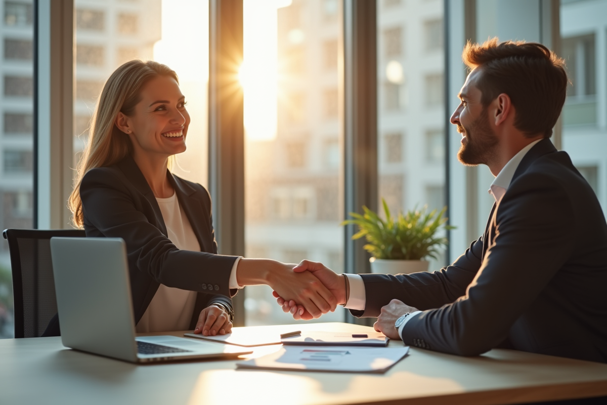 Femme d'affaires confiante serrant la main d'un client dans un bureau