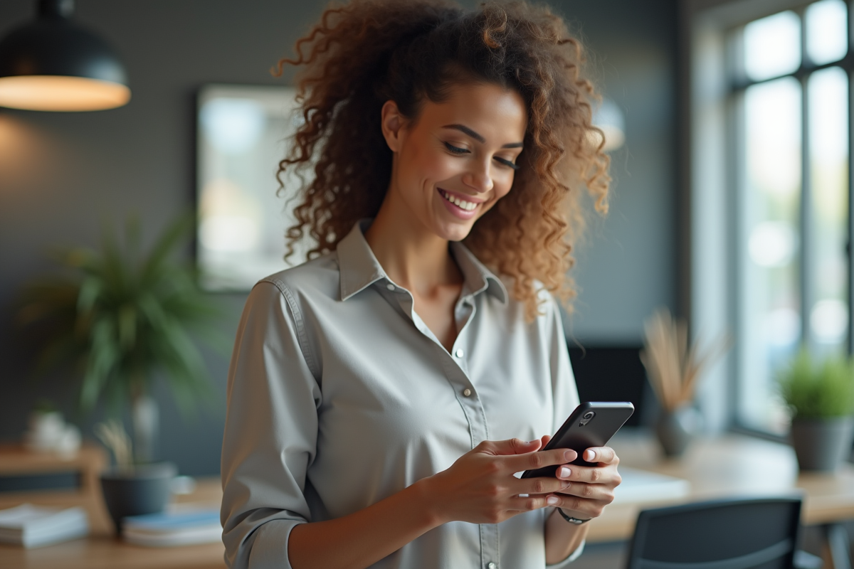 Femme d'affaires souriante utilisant son smartphone dans un bureau