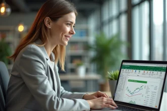 Femme en bureau moderne utilisant Excel rapidement