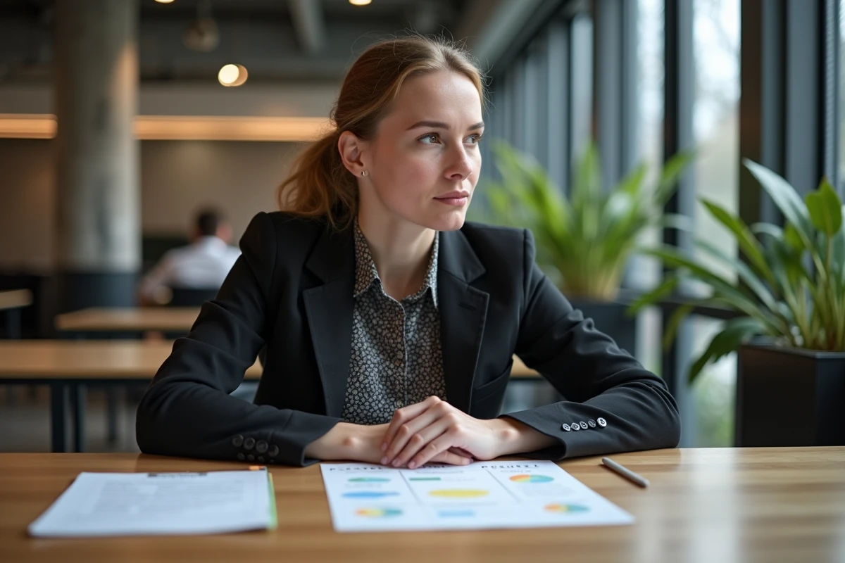 Femme en coworking analysant une matrice PESTEL